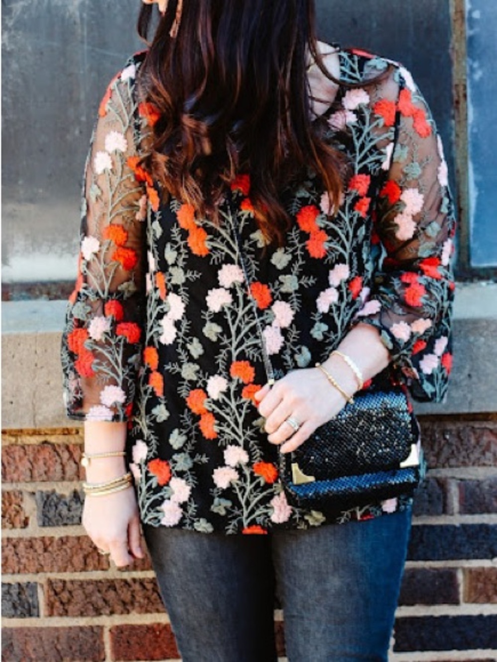 Solitaire Black Sheer Blouse w/Red & Pink Floral Embroidery, Size L